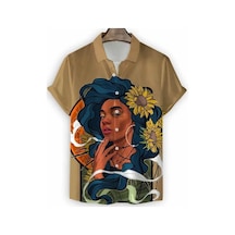 Snapbuy2024 Modern Kızlar Baskılı Erkek Gömleği - Rahat Kısa Kollu Büyük Boy Streetwearbej Bej