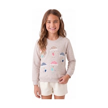 Onloox Kız Çocuk Bej Melanj Kız Çocuk Bej Melanj Pamuklu Bisiklet Yaka İki İplik Şemsiyeli Güpür Baskılı Sweatshirt 1.5-5 Yaş