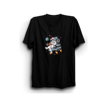 Uzay - Astronot Baskılı Unisex %100 Pamuk Siyah T-shirt SIYAH