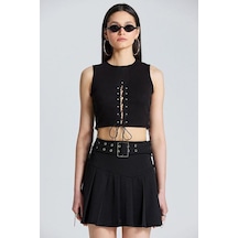 Fashion Cocktail Önden Ip Korse Dekolte Kolsuz Fitilli Süper Esnek Gümüş Boncuklu Bluz Crop Büstiyer Siyah Siyah