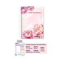 Pembe Çiçekler Spiralli Günlük Planlama Defteri - 100 Sayfa - 17x24 Planlayıcı Defter Beyaz - Bej