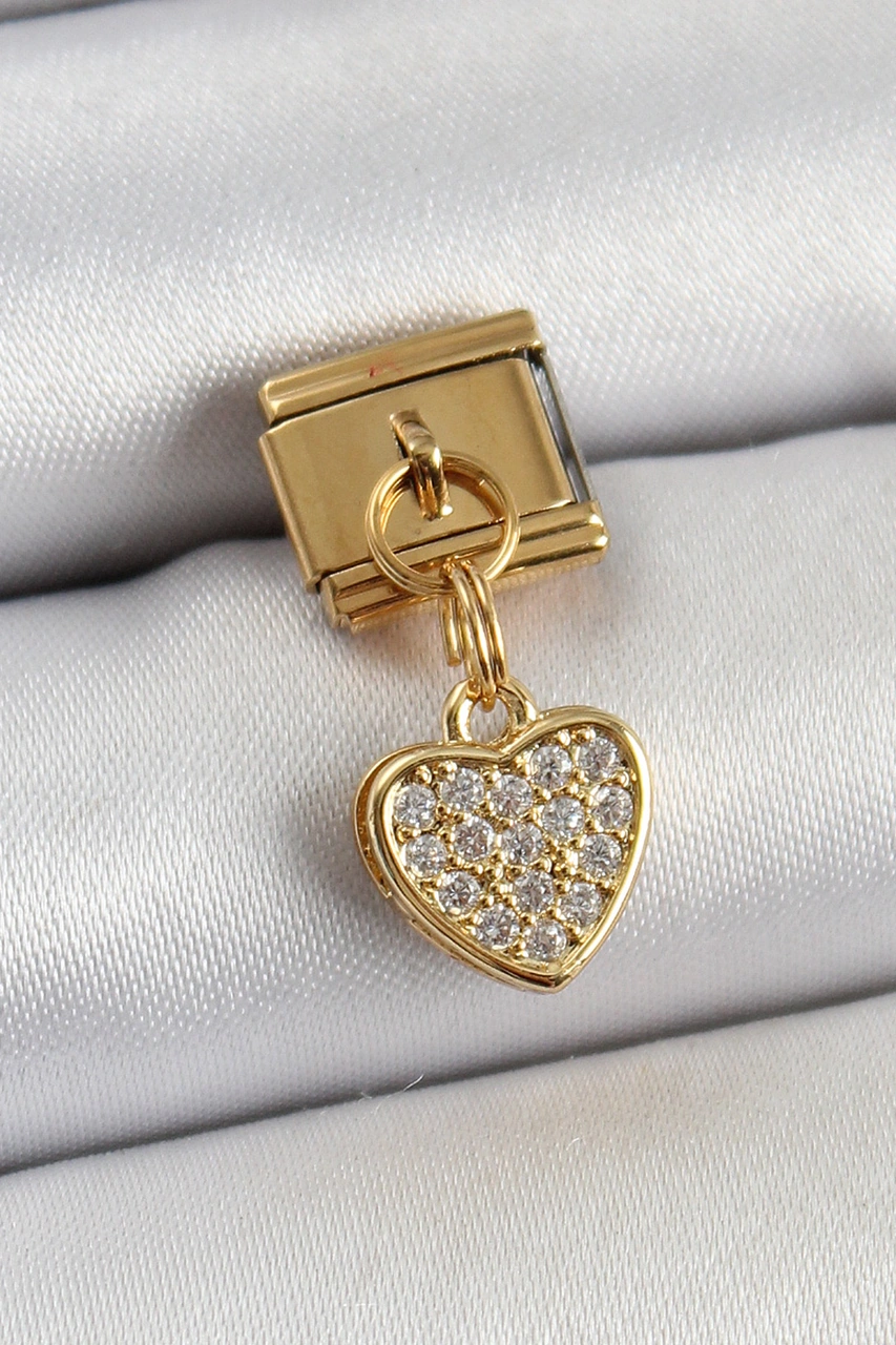316l Çelik Sallantılı Zirkon Taşlı Kalp Model Gold Renk Nomination Charm - Tj-bc1401 Çok Renkli