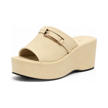 N Napa Shoe Np.9555.bej Saten Napa Shoe Kadın Dolgu Topuk Terlik Tokalı Platform Günlük Rahat Yazlık Terlik Bej