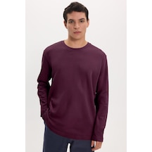 Tudors Unisex Relax Fit Rahat Kesim %100 Pamuk Uzun Kollu Bisiklet Yaka Bordo Basic Tişört-51285