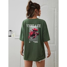 Flood Of Style Unisex Yeşil Vivre La Vie Baskılı Oversize Bisiklet Yaka Penye Tişört