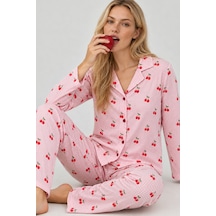 Fit Women Kadın Kiraz Desenli Pötikare Pembe Pijama Takımı 4793