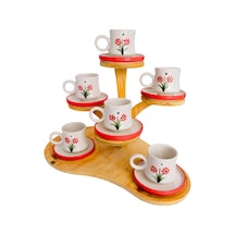 6 Lı Takım Kırmızı Papatya Desenli, El Yapımı Kazan Seramik Kahve Fincanı, Kahve Fincanı, Hand Made Beyaz