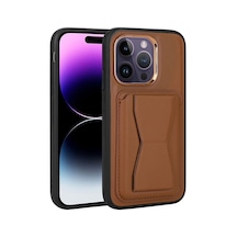 Zore İphone 14 Pro Uyumlu Kartlıklı Standlı Pu Deri Ogaa Memo Kılıf-kahverengi