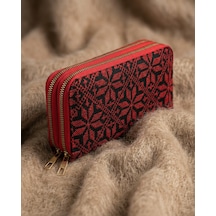 Zaytoon Filistin Geleneksel Kırmızı Nakışlı Çift Fermuarlı Kadın Büyük Cüzdeni 20 X 10 Cm A100026 Kirmizi