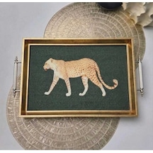 Leopar Desenli Dekoratif Tepsi Gold Çerçeveli Ve Kulplu Çay Kahve & Sunum Tepsisi