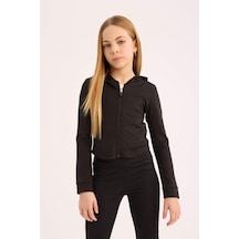 DeFacto Kız Çocuk Kapüşonlu İçi Yumuşak Tüylü Fermuarlı Sweatshirt D9788A825SPBK81 Siyah