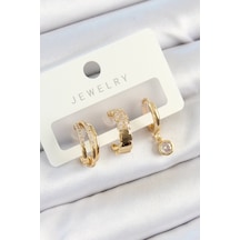 Pirinç Zirkon Taşlı Halka Model Gold Renk 3'lü Çift Kadın Küpe Set Çok Renkli