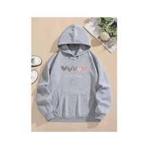Medinenur Kalp Desenli Kapüşonlu Sweatshirt Gri