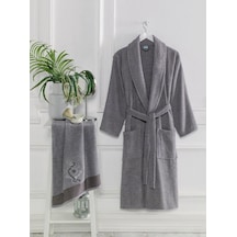 Havlulu Bornoz Seti Nakışlı Havlu Ve Bornoz Antrasit Antrasit Gri