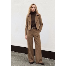 Sateen Yuksek Bel Kadife Pantolon Camel Taba