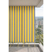 Sarı-gri Balkon Perdesi Kornişli Bağcıklı Su Geçirmez Dış Mekan Dayanıklı Modern Balkon Brandası