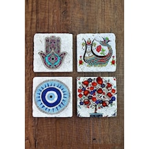 Taş Bardak Altlığı Nar Ağacı Şahmeran Nazar Hamsa Baskılı Baskılı 4'lü Set - Stone Coasters Çok Renkli