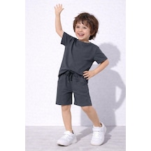 Cg Kids Kabartma Enjeksiyon Baskılı Tshirt & Yandan Cepli Şort Alt Üst Takım Süper Kalite Kumaş Gri