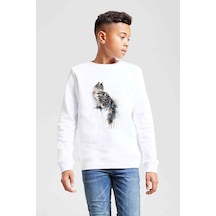 Tshirthane Watercolor Cat Baskılı Unisex Çocuk Beyaz Sweatshirt (534767197) Beyaz