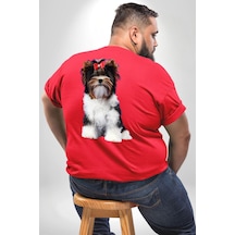 Angemiel Biewer Yorshire Terrier Büyük Beden Kırmızı Tişört Kadın Erkek Ünisex Sırt Baskılı Kırmızı