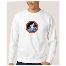 Nasa Spacex Roket Baskılı Beyaz Erkek Örme Sweatshirt