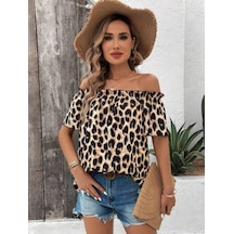 Veraura Lifestyle Kadın Madonna Yaka Fırfırlı Leopar Desenli Mikro Kumaş Bluz