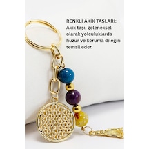 Doğal Taşlı Metal Yaşam Çiçeği Anahtarlık, Renkli Akik Taşlı Arab