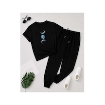 Herkesemoda Ay Baskı Detaylı T-shirt Eşofman Takımı Siyah