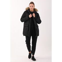 Maraton Sportswear Regular Kadın Kapşonlu Uzun Kol Basic Siyah Parka 21418 Siyah - Siyah