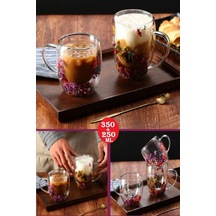 2'li Flower Cup Çift Cidarlı Çiçekli Bardak Sunum Bardağı Set El Yapımı Borosilikat 250 Ml 350 Ml