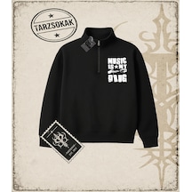 Tarzsokak Gotik & Grunge Streetwear Music Is My Drug Yarım Fermuarlı Sweatshirt Siyah