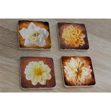 Lotus Ve Gül Doğal Taş Bardak Altlığı 4'lü Set - Natural Stone Coasters - Taş Kahverengi