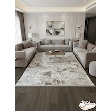 Konak Halı Modern Salon Halısı Kahve Krem Soyut Desenli Emboss Saçaklı Kaymaz Taban Krem