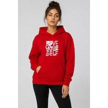 Herkesemoda Love Your Self Baskılı Kapüşonlu 2 İplik Şardonlu Sweatshirt Kırmızı