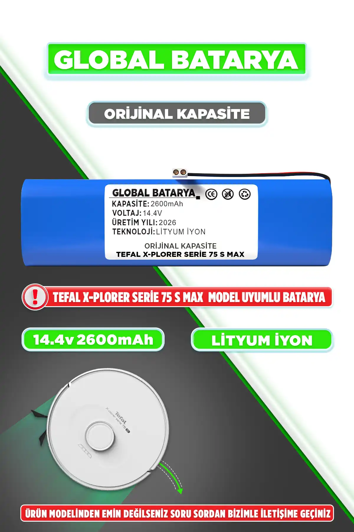 Tefal X-plorer 75 S Max Uyumlu Robot Süpürge Bataryası 14.4v 2600mah Li-ion Pil  Kapasite