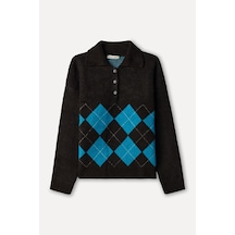 Mudo Kadın Kadın Kahverengi Baklava Desenli Loose Fit Polo Yaka Kazak 1271671 Koyu Kahve