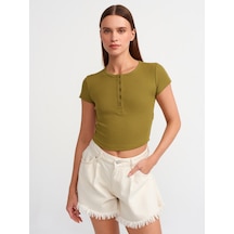 Dilvin Düğme Detaylı Detaylı Crop Top Haki