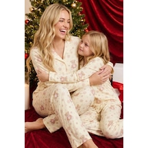Siyah İnci Yılbaşı Temalı Desenli Termal Kumaşlı Ultra Soft Yumuşak Düğmeli Örme Pijama Takımı 26226817 Açık Sarı