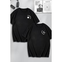 Unisex Kadın Erkek Ay Ve Güneş Göğüs Baskılı Sevgili Çift Kombini Tasarım Oversize Tshirt 2'li Siyah Mck0100 Siyah