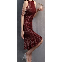 Hanife Glam Couture Hanife Glam Boncuk Detaylı Pulpayet Abiye Elbise Bordo