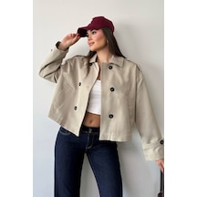 Jee Lee Kadın Gömlek Yaka Düğmeli Kısa Trençkot Taş - 27k 3056
