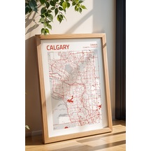 Calgary Kanada Canada Haritası Çerçeveli Tablo Lüks Salon Ofis Duvar Dekorasyonu Hediyelik Tablo Kayın