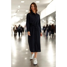 Yazlık Şık Beli Bağcık Detaylı Keten Elbise siyah