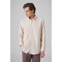 Morven Erkek Bej Pamuk Trend Çizgili Regular Fit Düğmeli Yaka Gömlek 26ms004013653 Bej