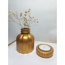 İnce Çizgili Vazo - Modern & Minimal Dekoratif Obje, Salon Ve Ofis Çiçeklik, Antiquity Gold Kahverengi