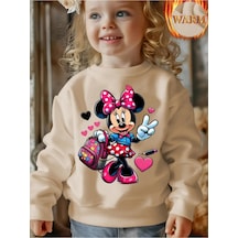Kışlık Kapüşonlu Sweatshirt, Çocuk Minnie Mouse Baskılı Bej