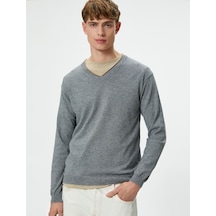 Koton V Yaka Kazak Triko Slim Fit Uzun Kollu Gri 4WAM70116HT031 Gri