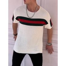 Modefendi Digital Baskı Şerit Detaylı Oversize Triko Beyaz
