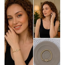 Premium Gold Renk Parlak Taşlı 316l Çelik Sonsuzluk Ve Kalp Figürlü Gold Charm Bileklik 18cm Altın