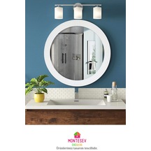 Safir Ahşap Beyaz Yuvarlak Ayna Işlemeli Duvar Banyo Aynası 69 Cm